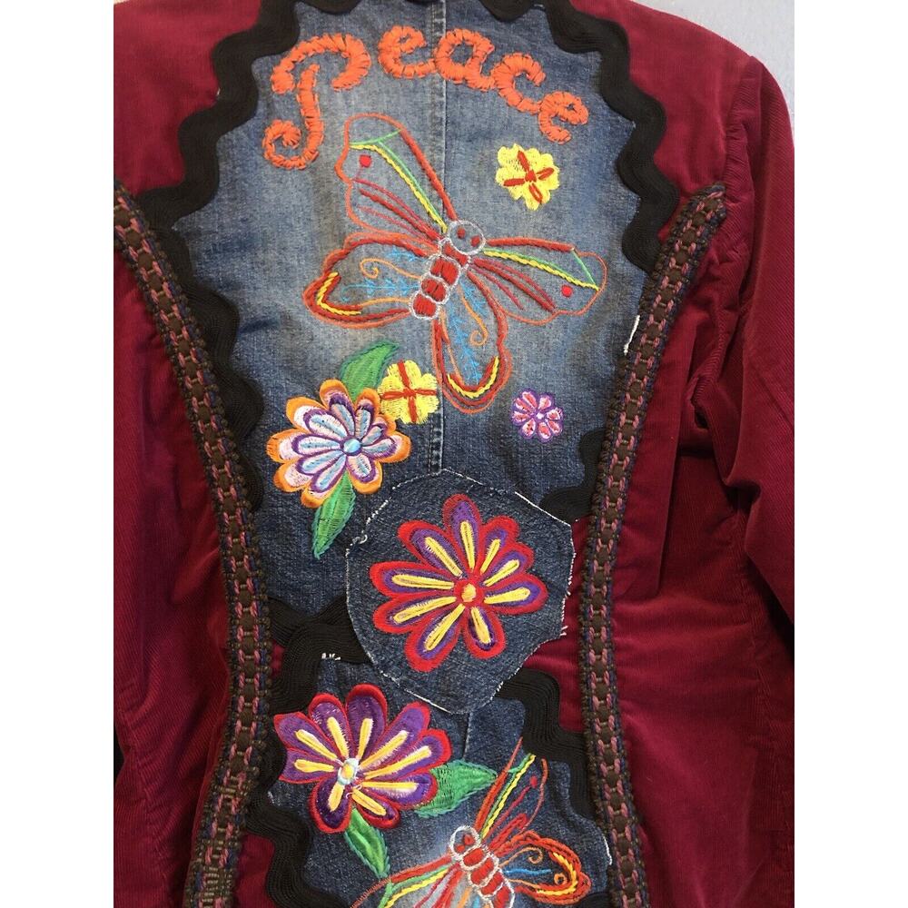 Vintage Coldwater Creek Womens Blazer 12 Maroon Boho Embroidered Button Up Artsy - Picture 13 of 14